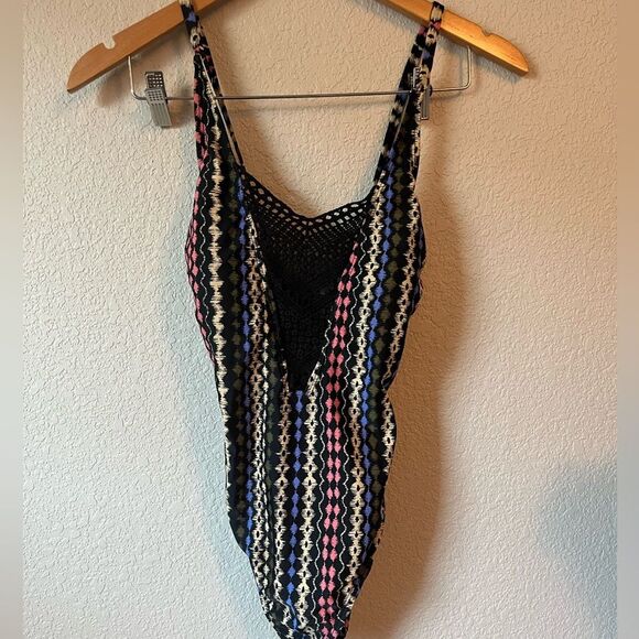 Multicolor crochet deep V Patterned Swimsuit cross back adjustable strap S - Picture 1 of 4